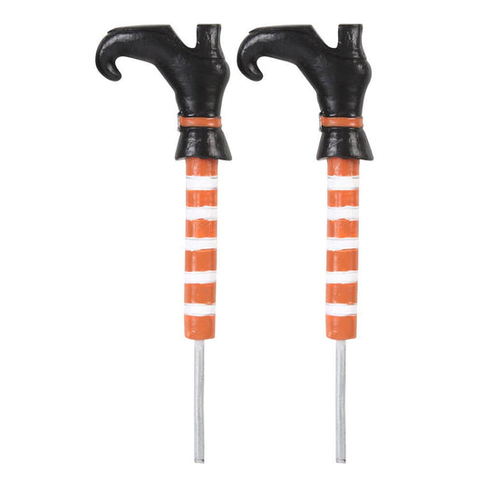 Set of 2 Witch Leg Plant Pot Ornaments with orange and white stripped legs and black boots. Side view