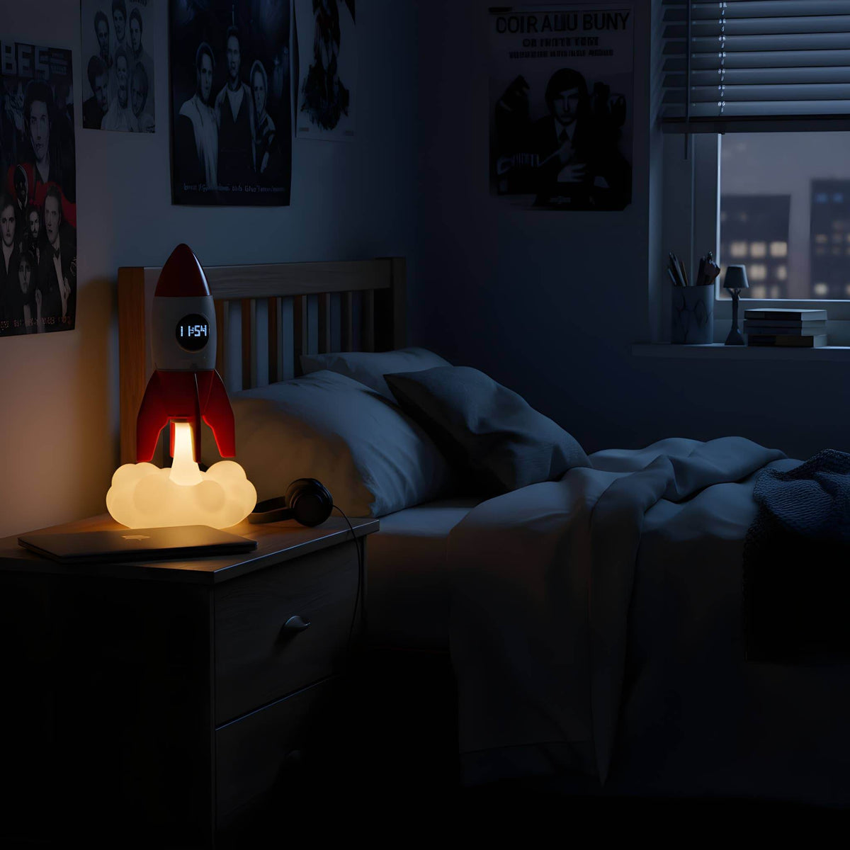 Rocket bedside light projecting a night sky in a dark bedroom
