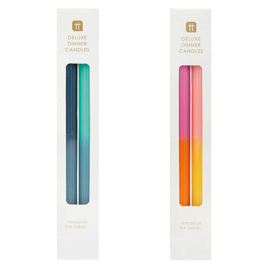 2 Tone Coloured Ribbed Dinner/Taper Candles boxed on white background
