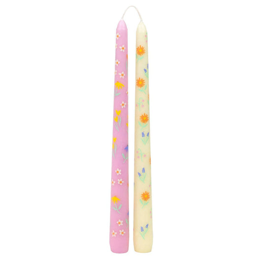 Floral Yellow & Pink Dinner/Taper Candles 2 Pack on white background