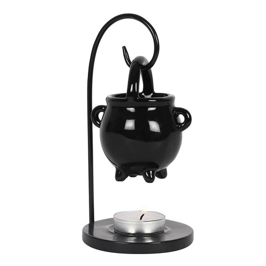 Black Ceramic Cauldron wax burner handing from a stand on white background