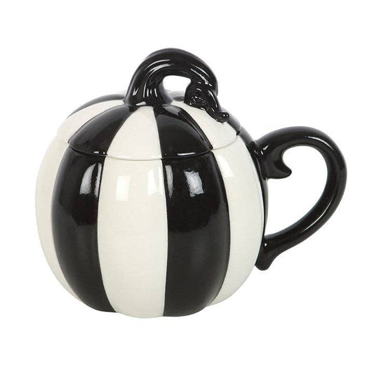 Black and White Striped Lidded Halloween Pumpkin Mug with lid on. On white background. Right side view