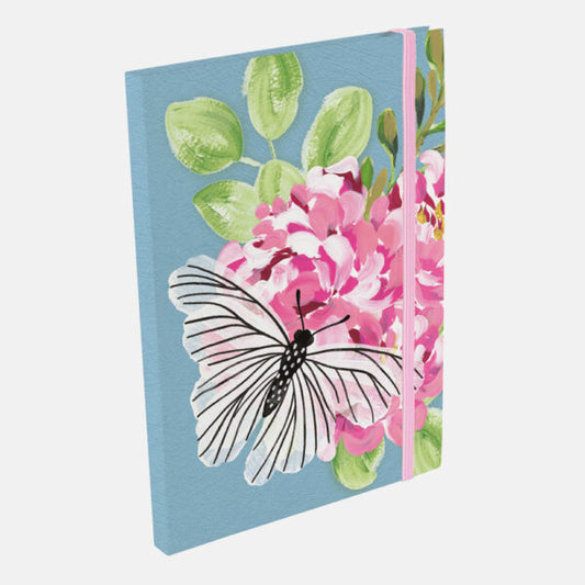 Notebook with a butterfly and floral design on a light blue background