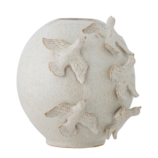 A beige stoneware vase with a unique bird design, with birds perched on the surface.
