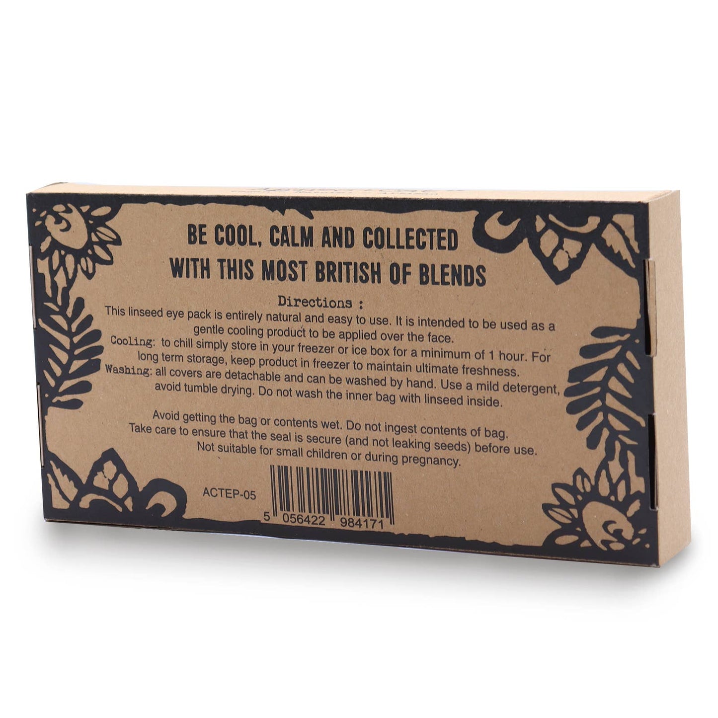 Agnes + Cat Becalmed Eye Pillow box with directions for use and care instructions.