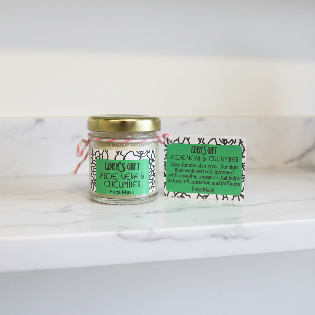 Jar of Eden's Gift Aloe Vera & Cucumber Face Mask with a label on a white background