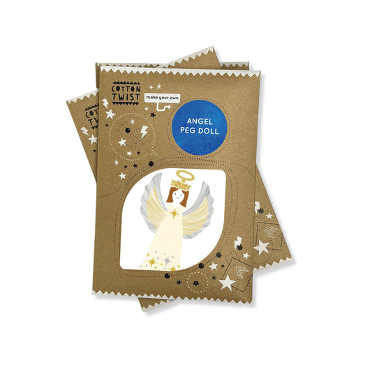 Angel peg doll kit packaging with cardboard and blue label on a white background