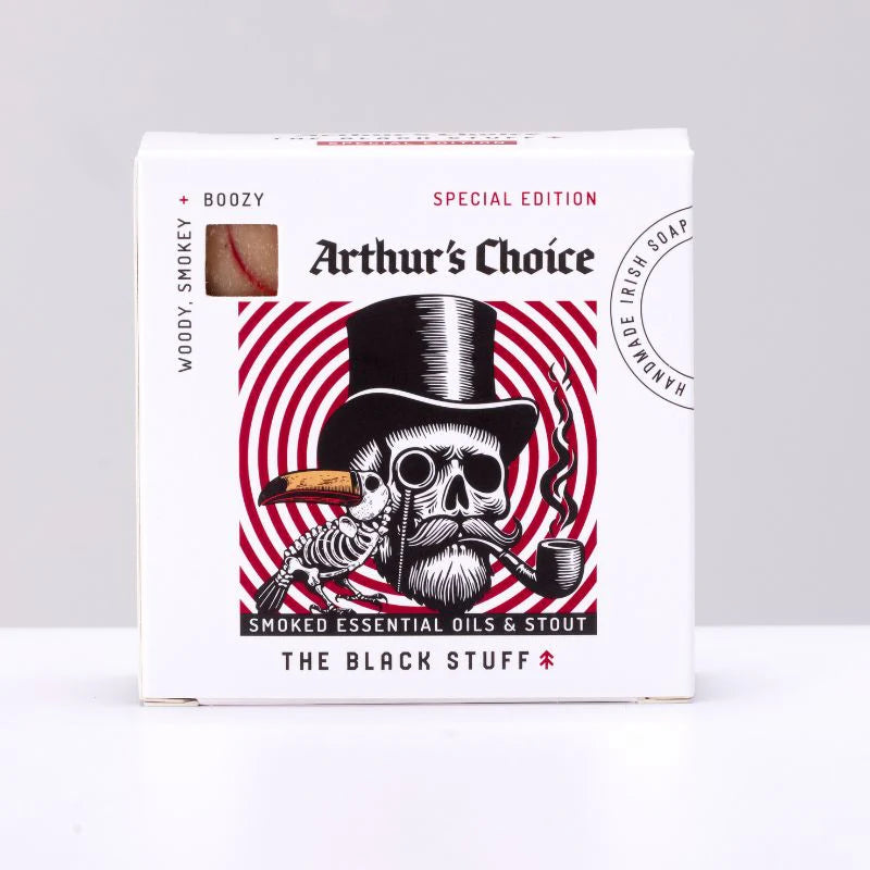 Soap packaging with skeleton design and 'Arthur's Choice' branding on a gray background