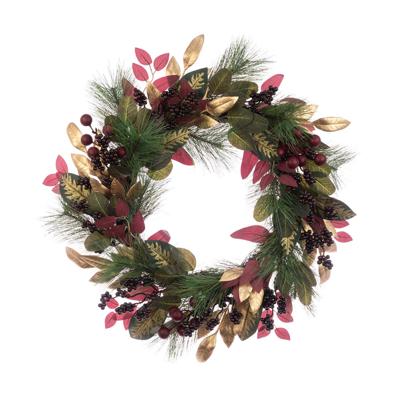 Artificial Pine, Berry and Faux Silk Leaf Christmas Winter Wreath 58cm