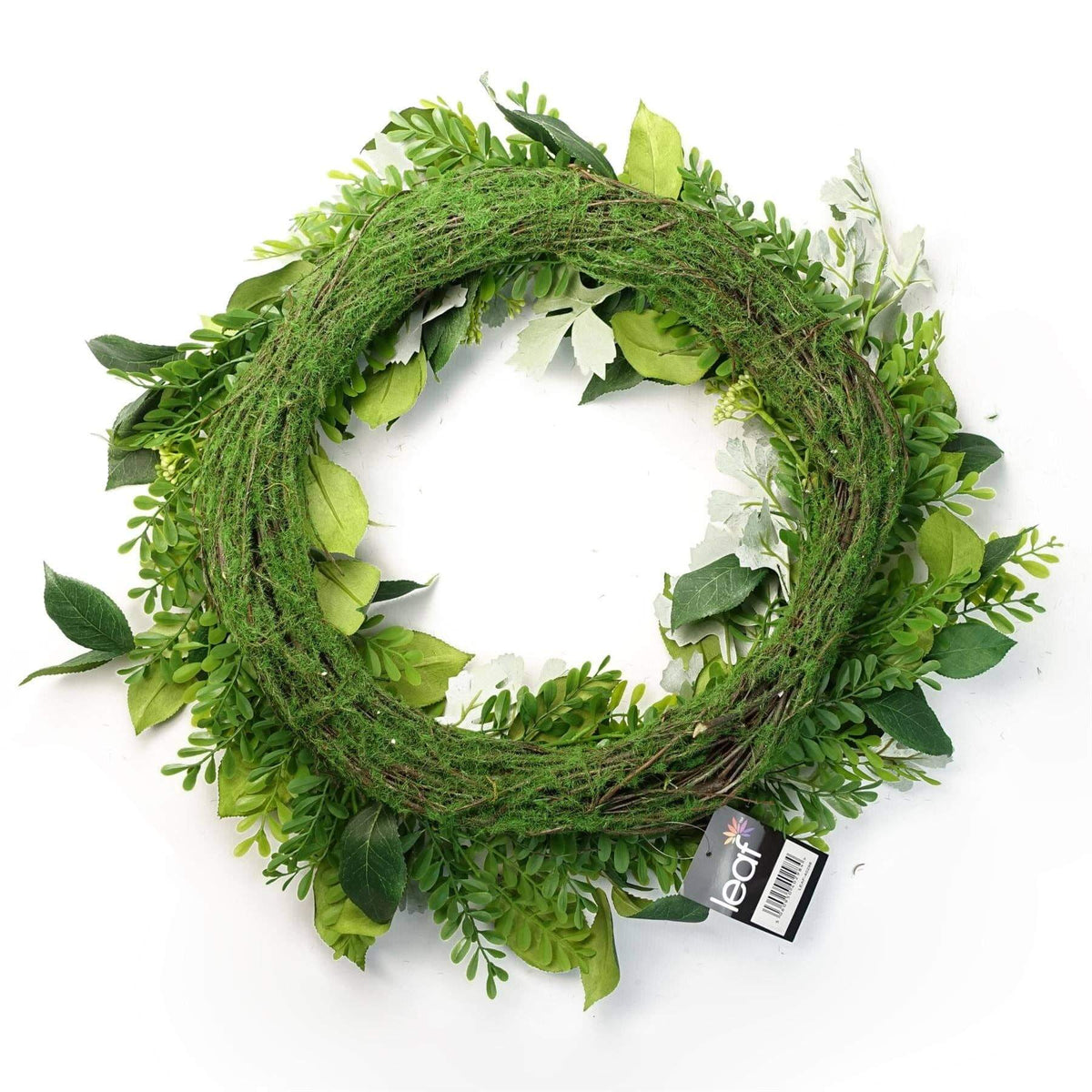 Green leaf wreath with a visible brand tag on a white background