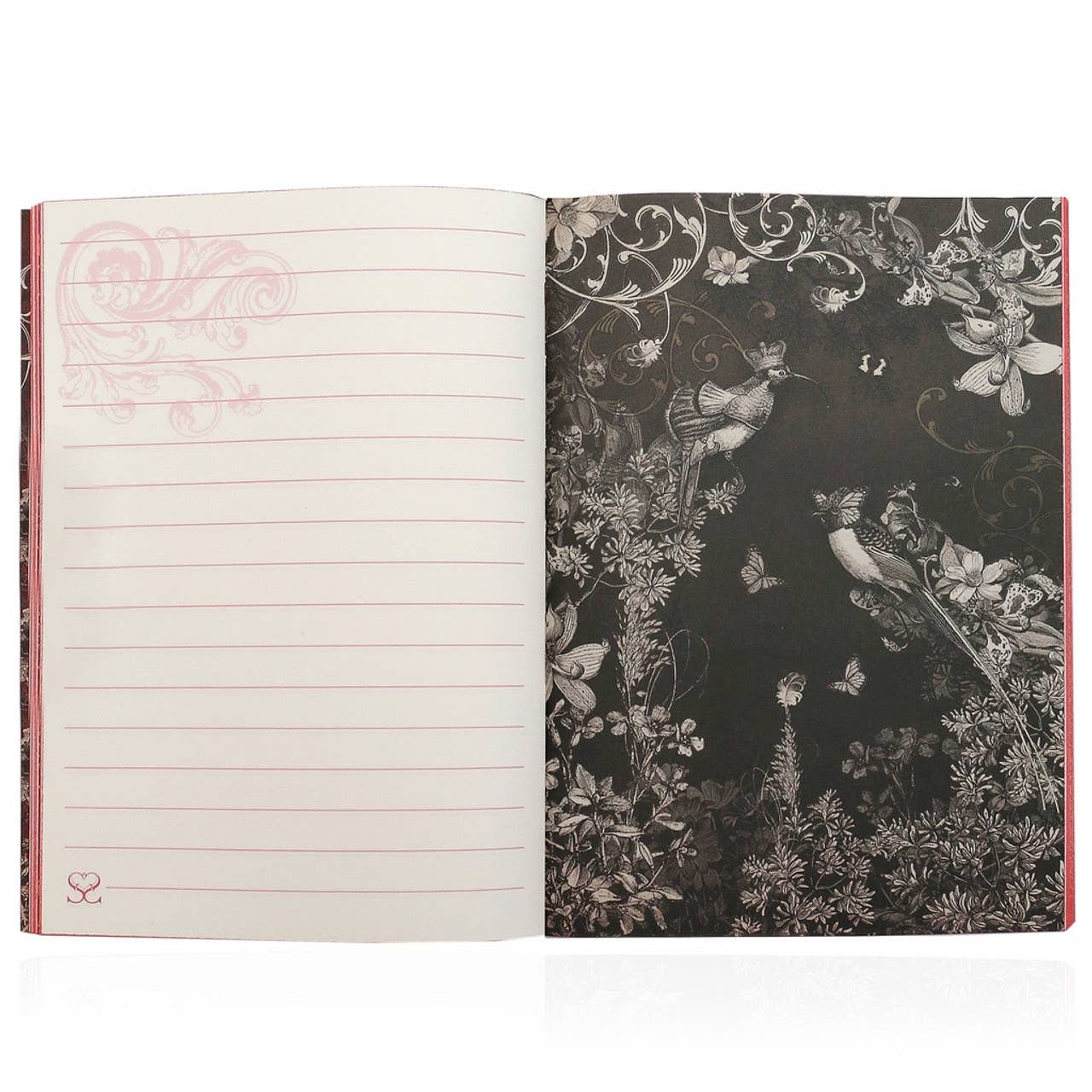 Open notebook with lined pages on one side and a floral and bird design on the other, on a white background.