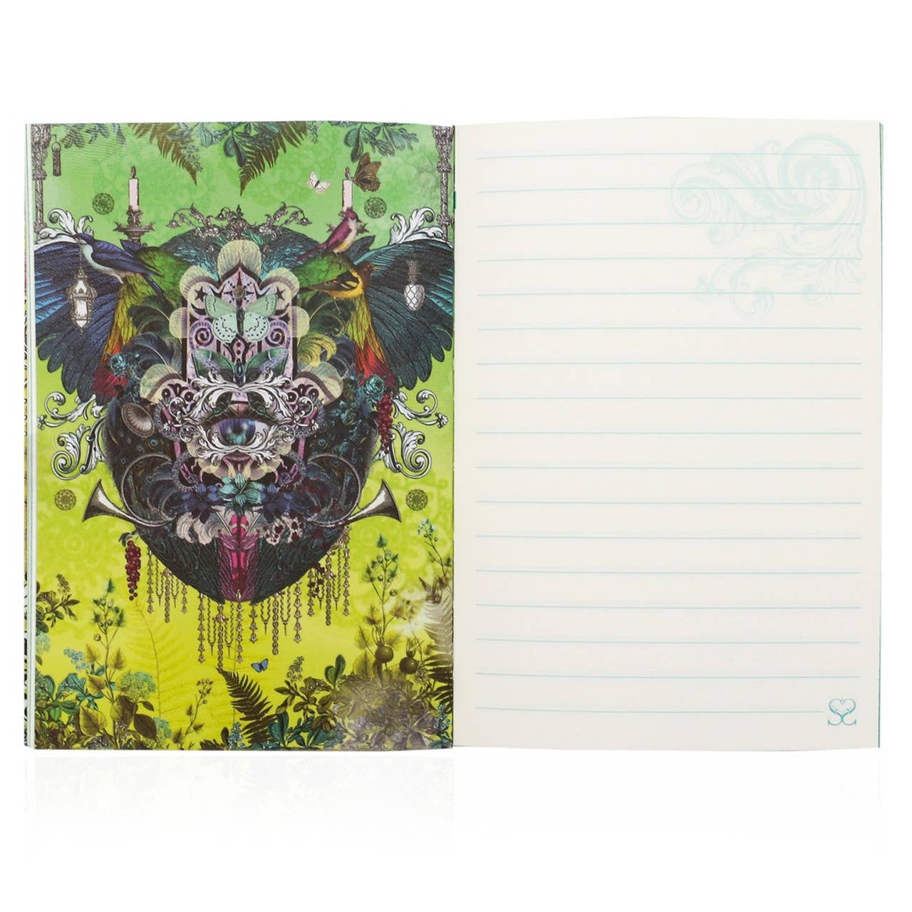 Notebook with a colorful front cover featuring birds and nature, open to reveal lined pages.