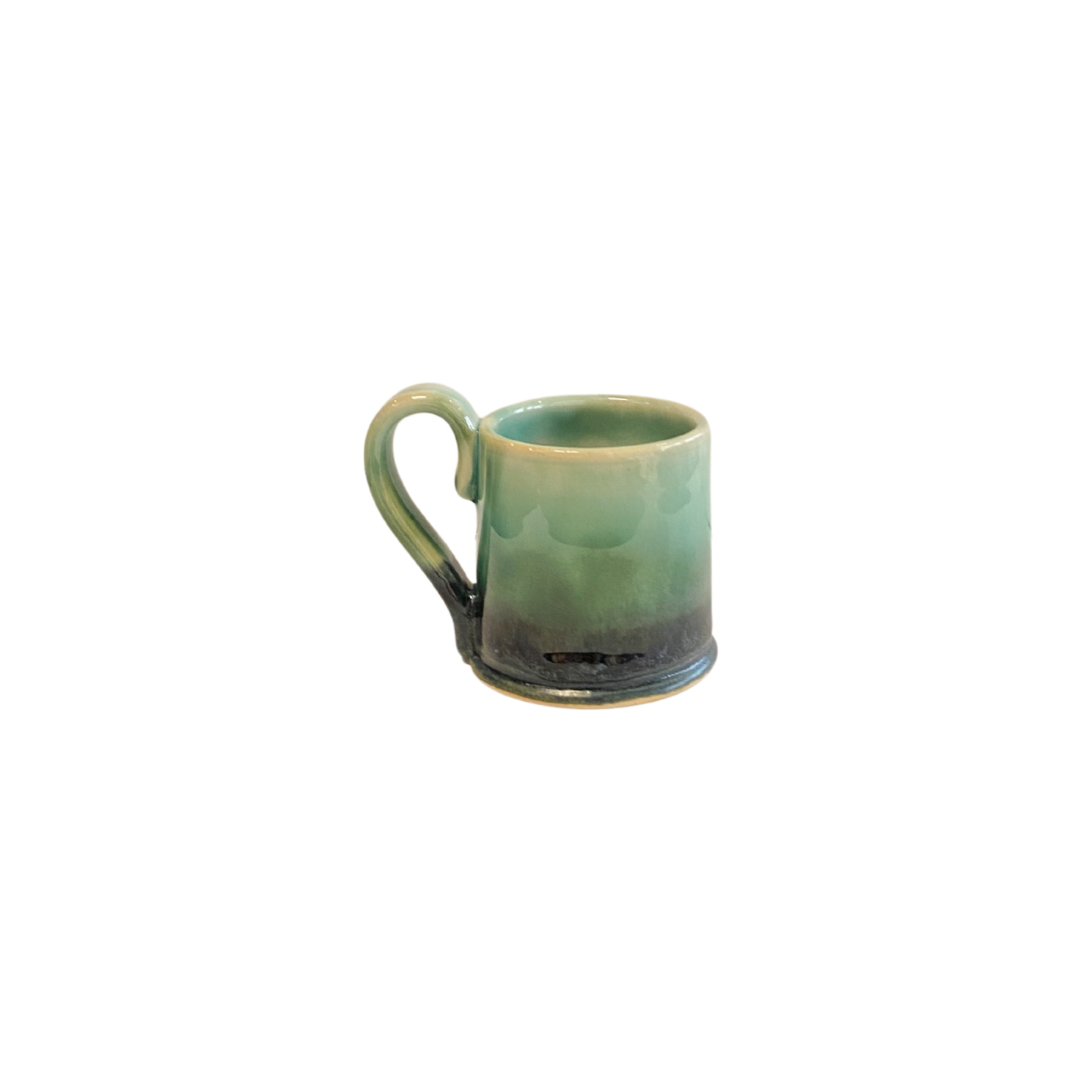 Pretty hand thrown espresso cup in green and blue glaze