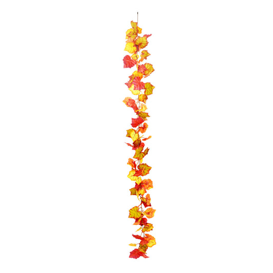 Decorative leaf garland with red and yellow leaves on a white background