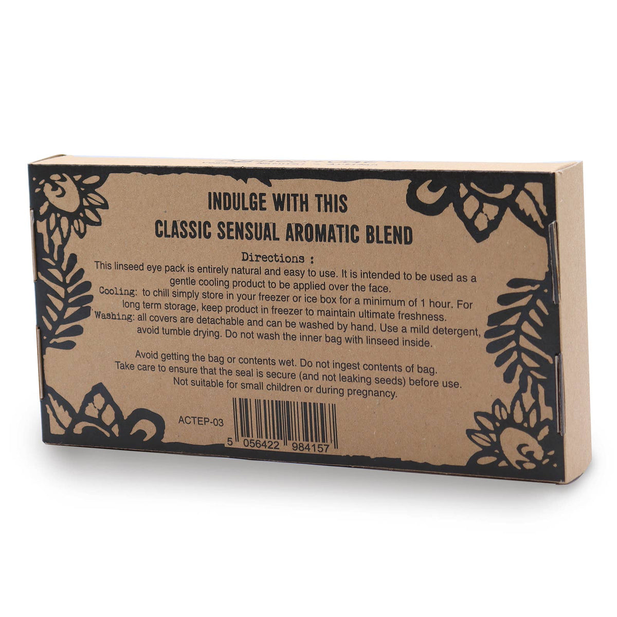 Relaxing natural eye pillow packaging with instructions for use and care, featuring floral design.