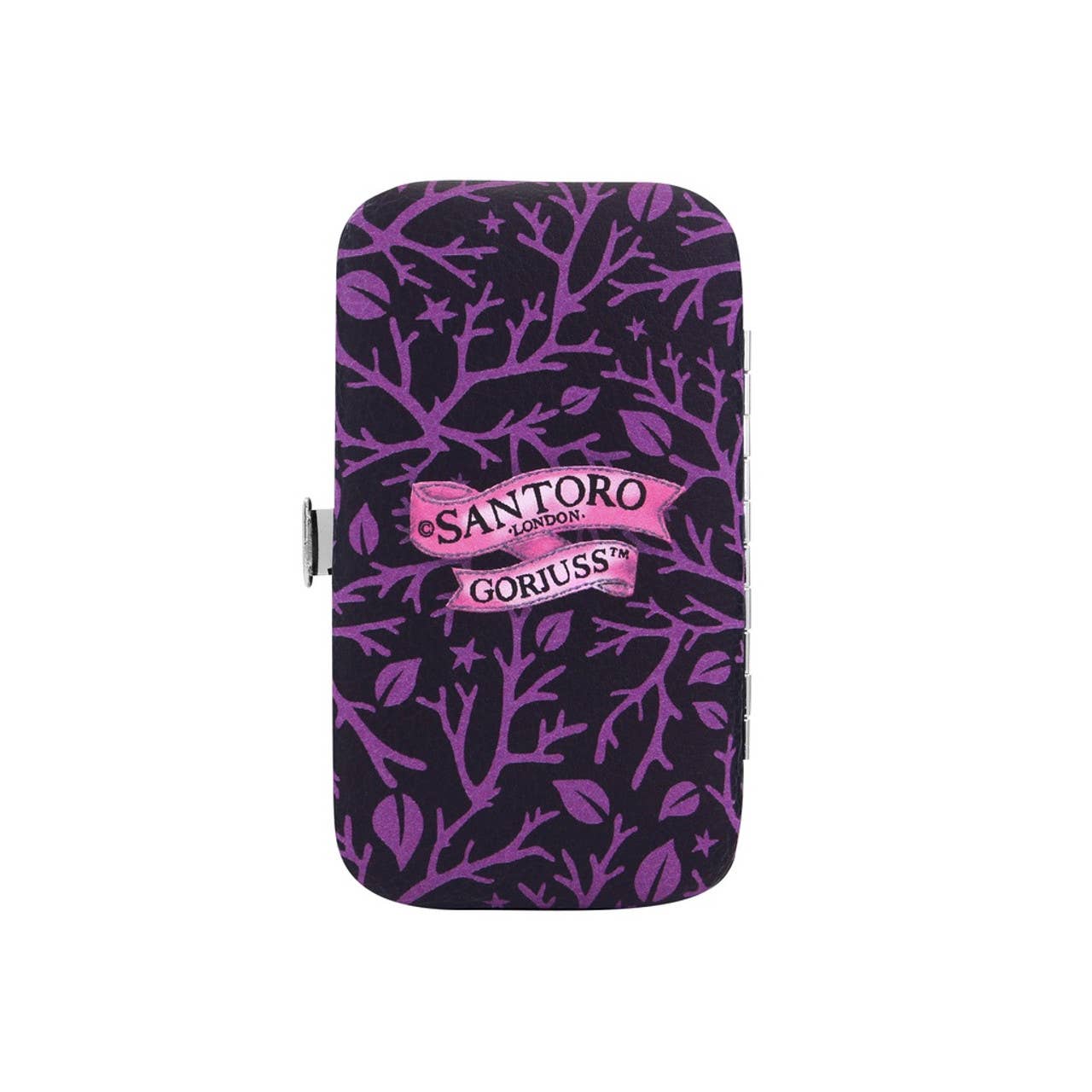 Purple patterned manicure set case with Santoro Gorjuss logo on a white background