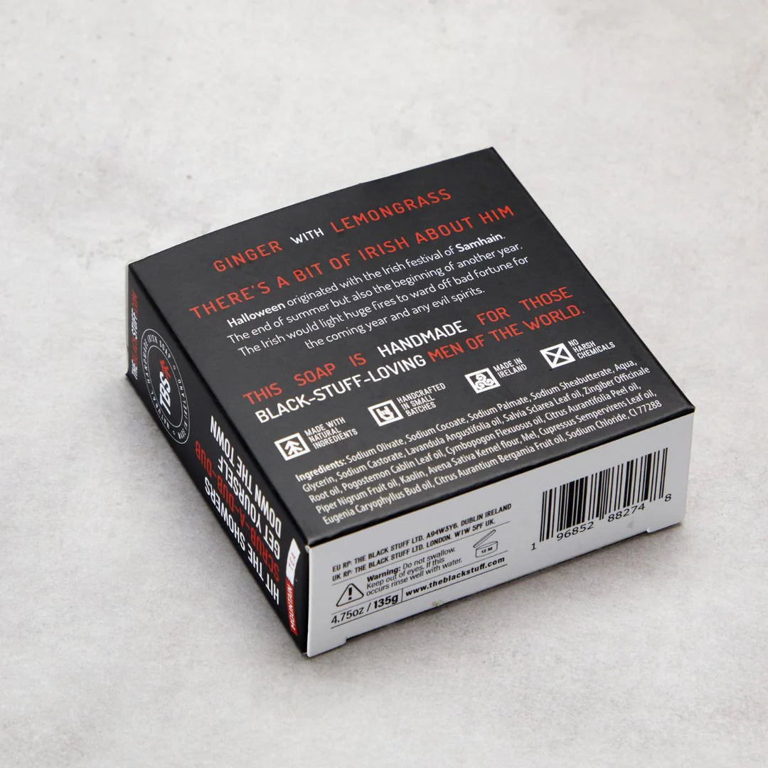 Box of soap with text on a light gray background