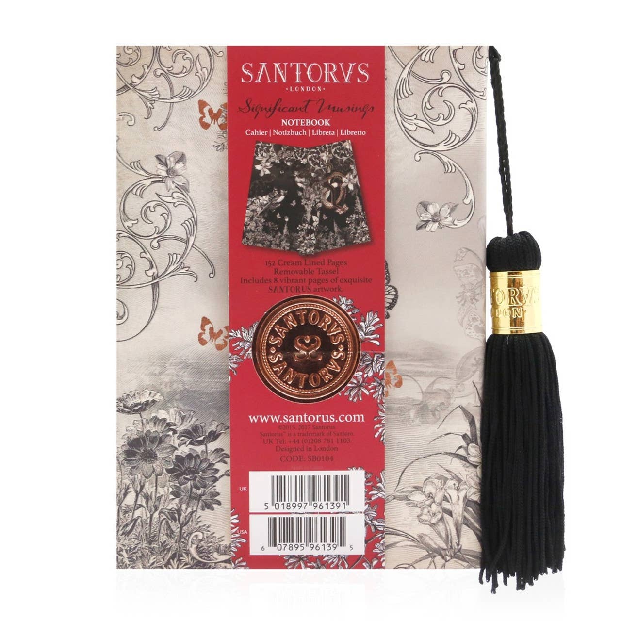 Santorius notebook with decorative cover and tassel on a white background