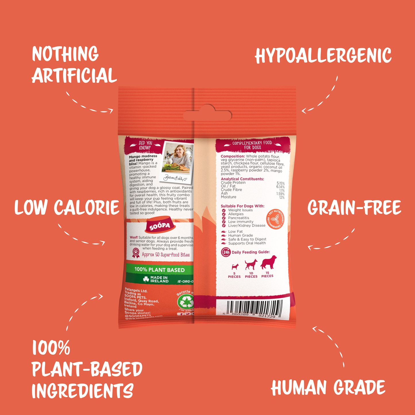 Dog food package with health benefits text on an orange background