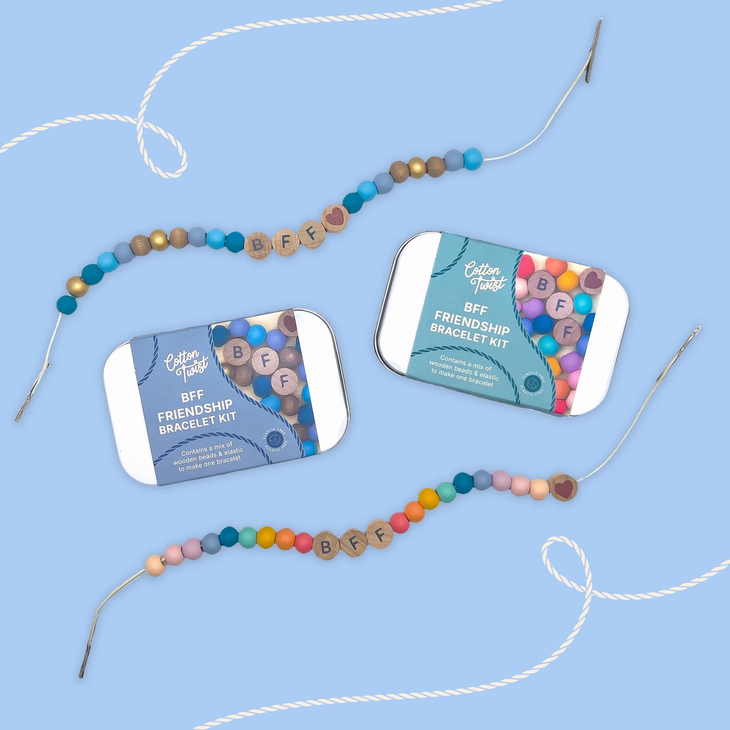 BFF friendship bracelet kit with colorful beads on a blue background