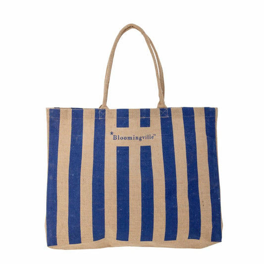 A medium-sized jute shopping bag with blue vertical stripes and the brand name 'Bloomingville' printed on the front.