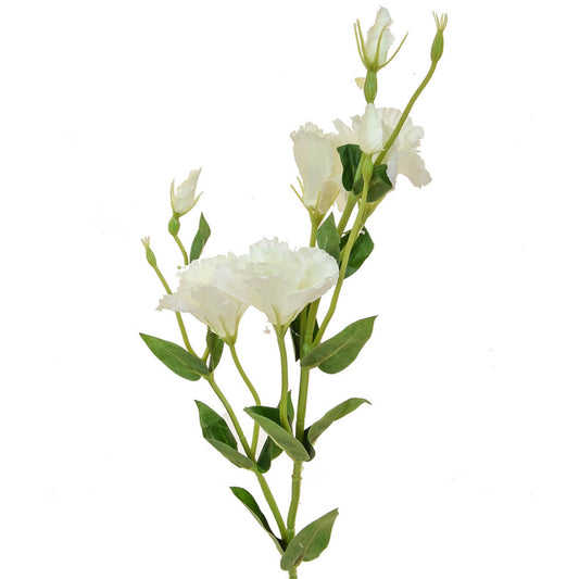 Artificial white flower branch with green leaves on a white background