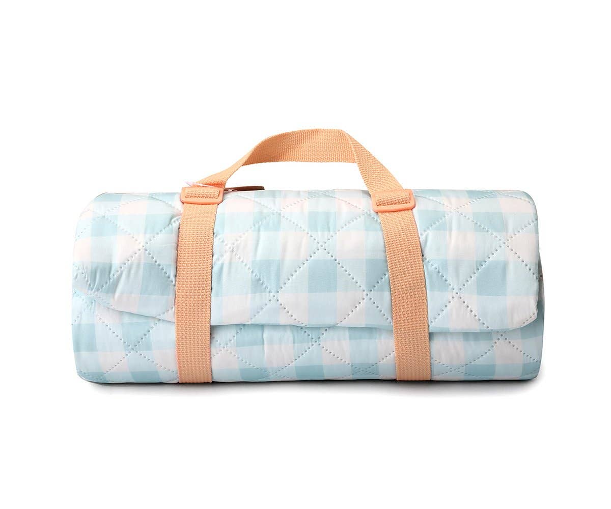 Soft blue and white check padded picnic blanket with apricot carrying strap