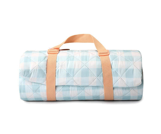 Soft blue and white check padded picnic blanket with apricot carrying strap