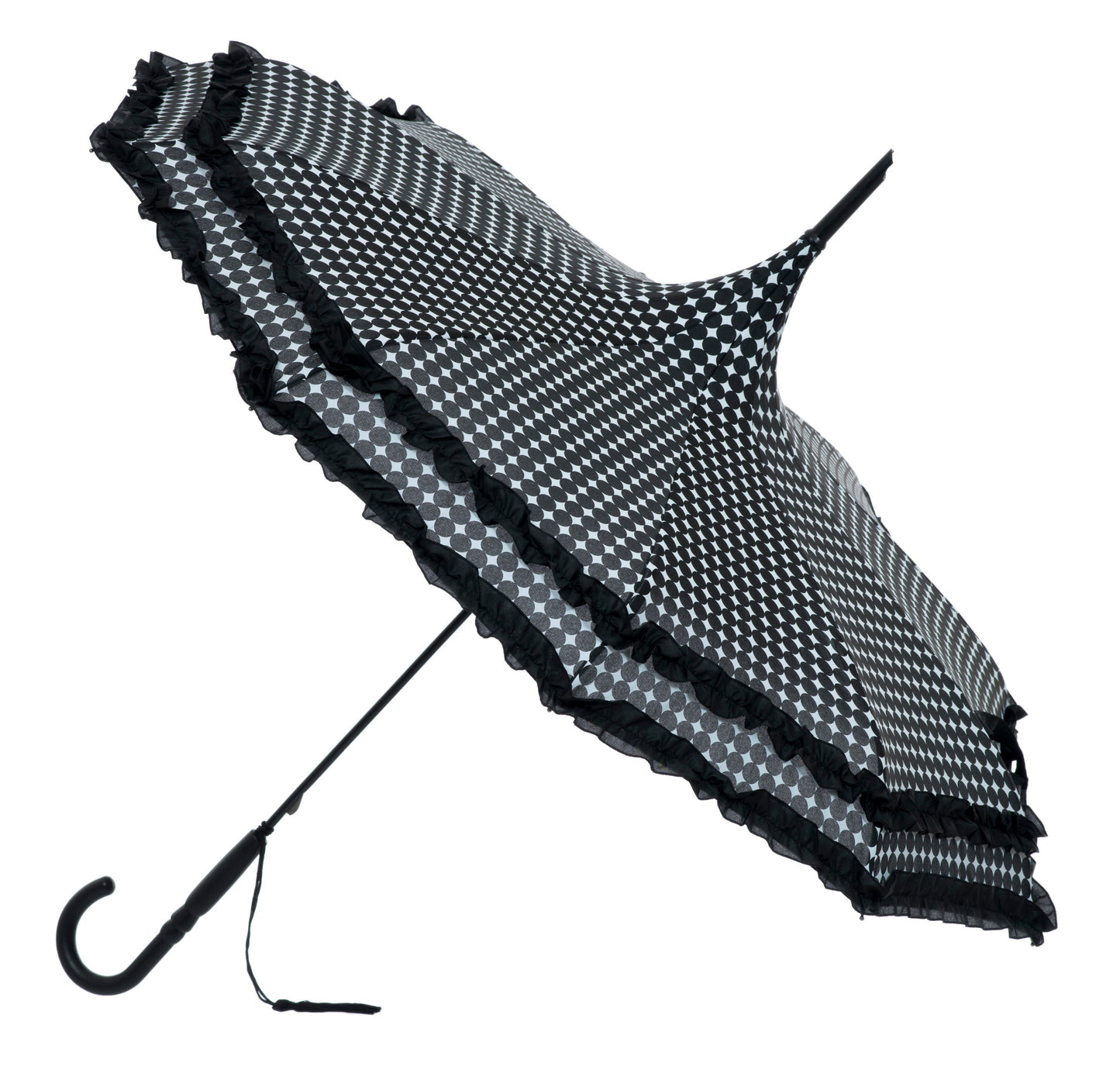 Pagoda style umbrella with Frill in Black Spots