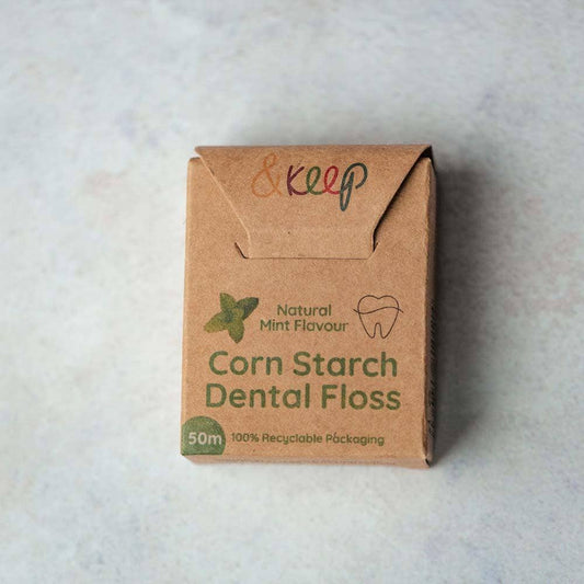 Brown card box of eco dental floss on grey background