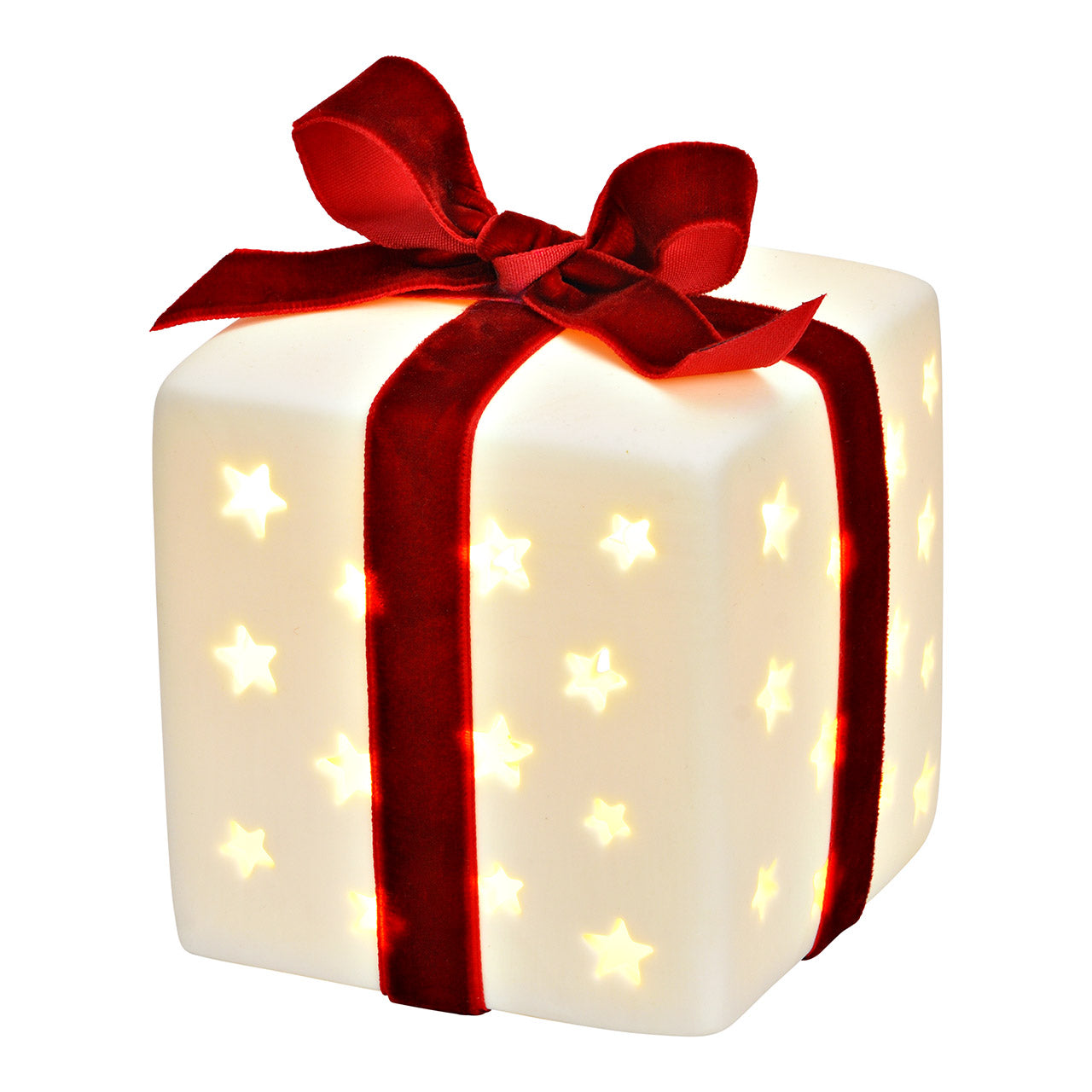 Decorative light box shaped like a gift with a red ribbon on a white background