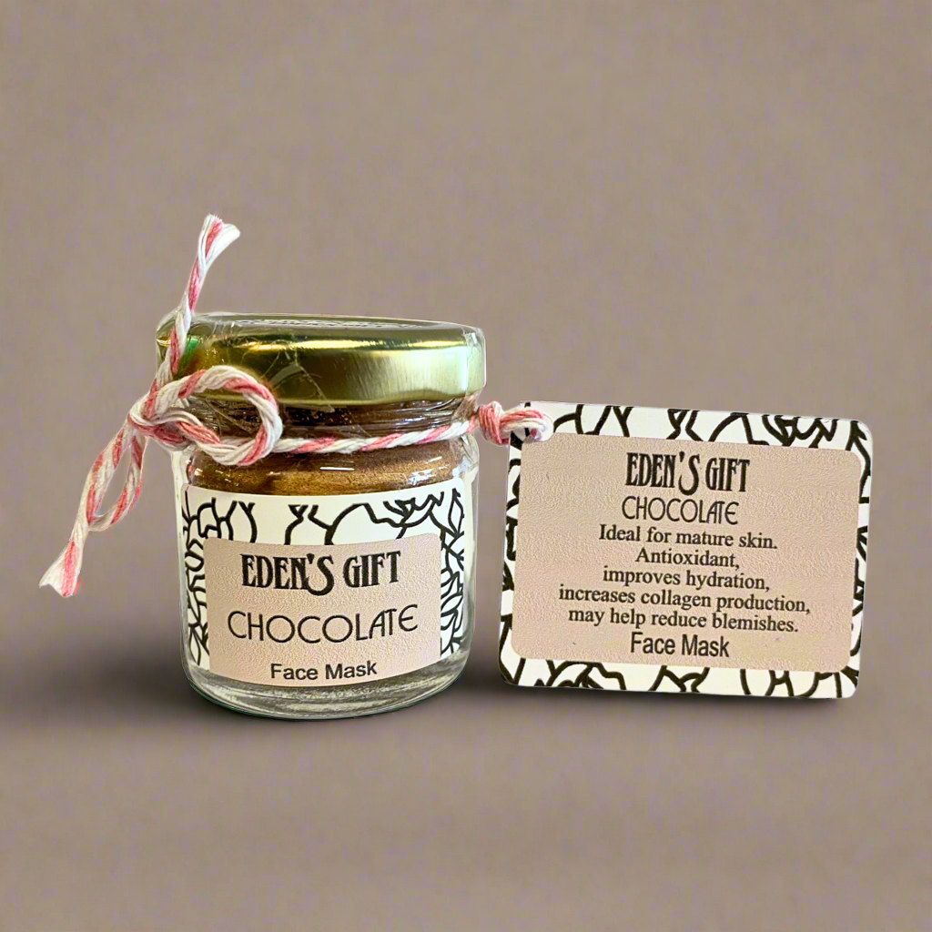 Jar of Eden's Gift Chocolate Face Mask with a descriptive tag on a beige background