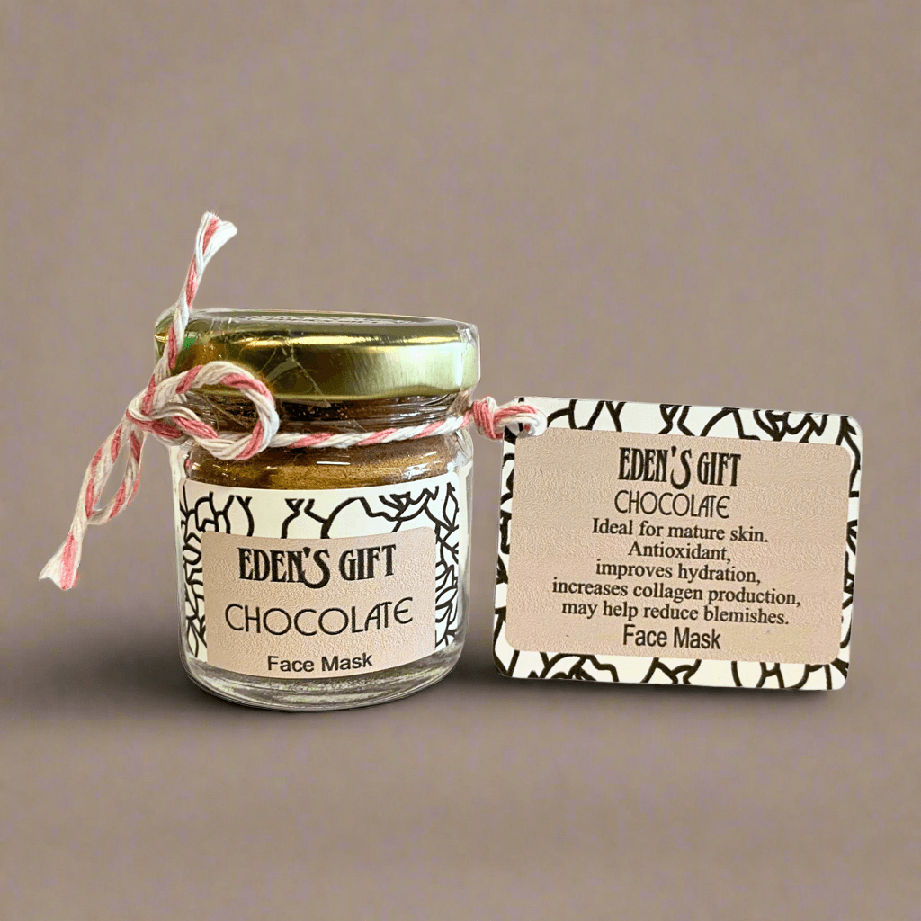 Jar of Eden's Gift Chocolate Face Mask with a descriptive tag on a beige background