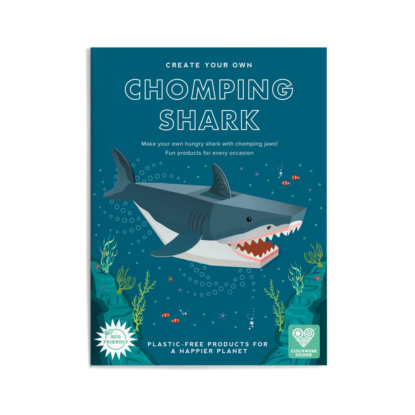 Book cover of 'Create Your Own Chomping Shark' with shark illustration on a blue background