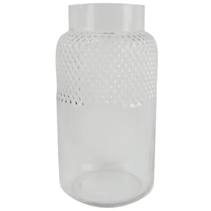 A clear glass vase with a geometric diamond pattern, suitable for displaying flowers.
