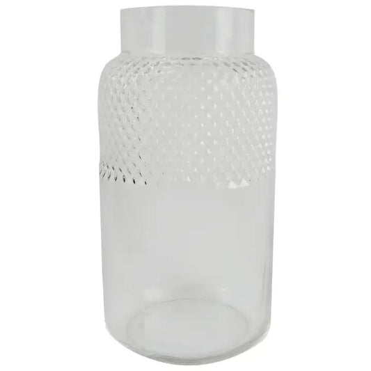 A clear glass vase with a geometric diamond pattern, suitable for displaying flowers.