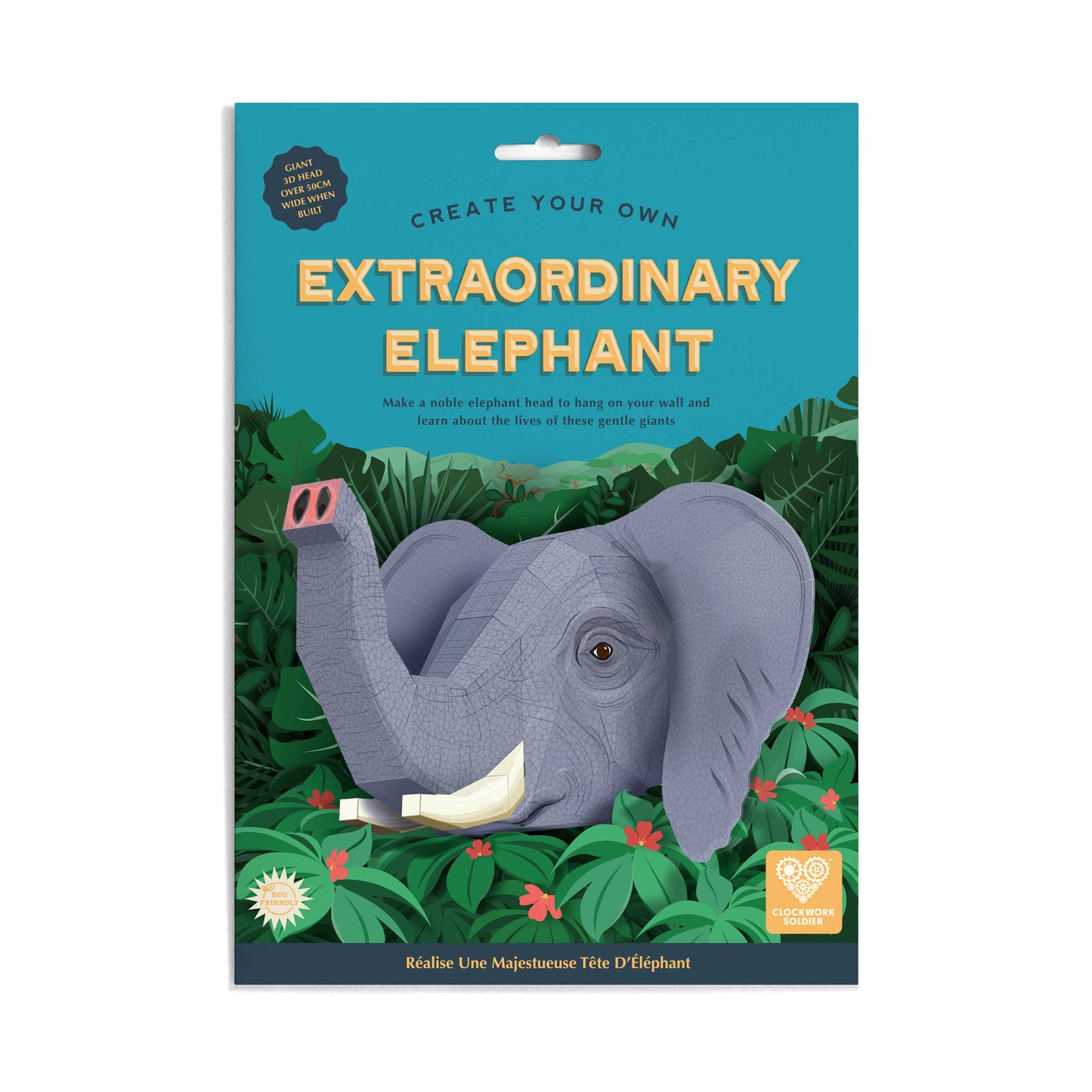 Packaging for 'Create Your Own Extraordinary Elephant' craft kit with elephant illustration and jungle background.