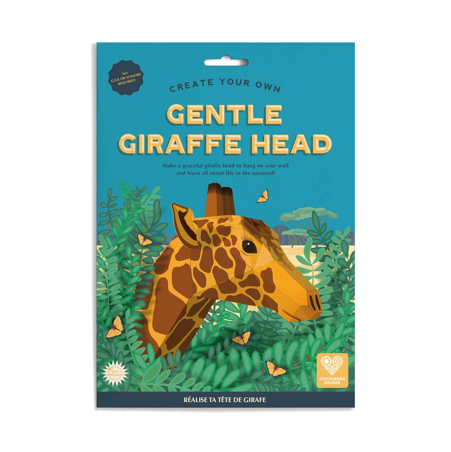 Packaging for 'Create Your Own Gentle Giraffe Head' with a giraffe illustration on a blue background.