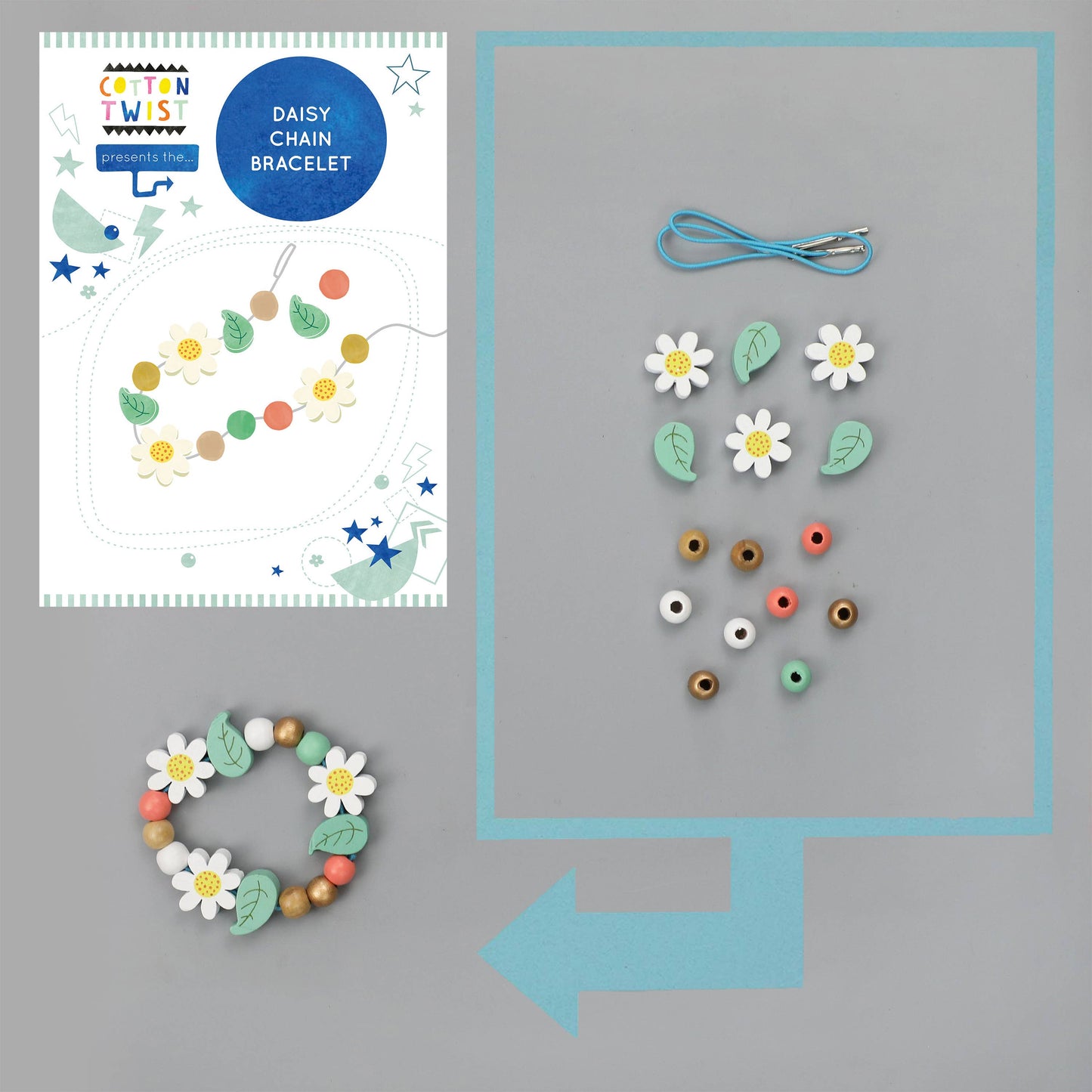 Daisy chain bracelet kit with beads and string on a gray background