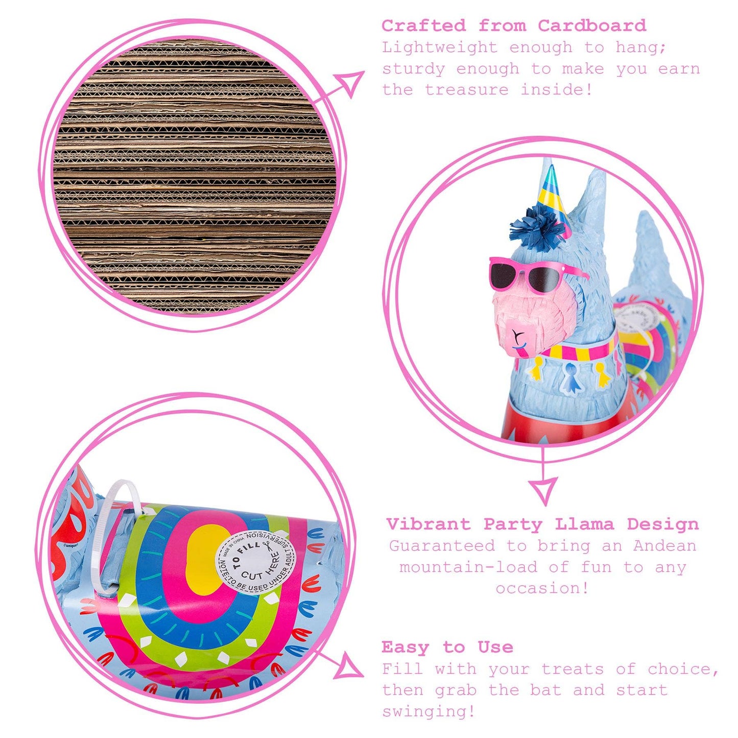 Colorful llama design with cardboard texture and party llama details.