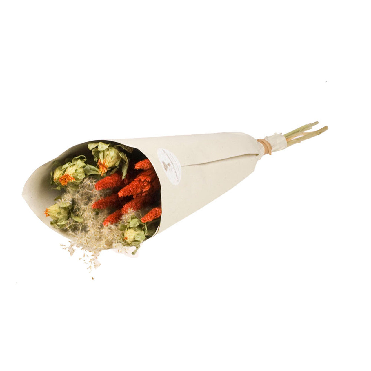 Bouquet of dried flowers in a cone-shaped paper wrap on a white background