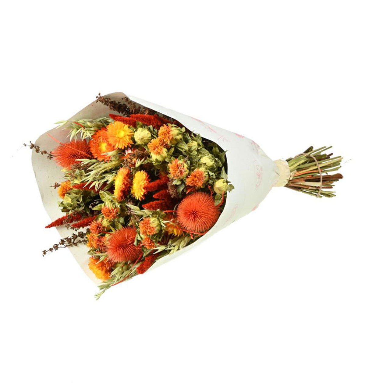 Bouquet of flowers wrapped in white paper on a white background