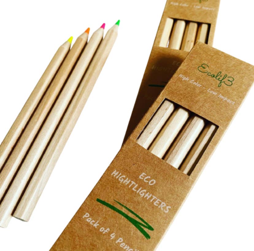 A set of 4 eco-friendly highlighter pencils with vibrant colored tips, displayed in a cardboard packaging labeled 'EcoLif3'.