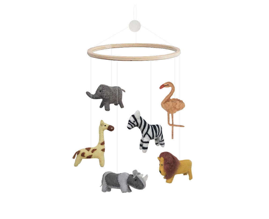 Animal-themed mobile with hanging toys on a white background