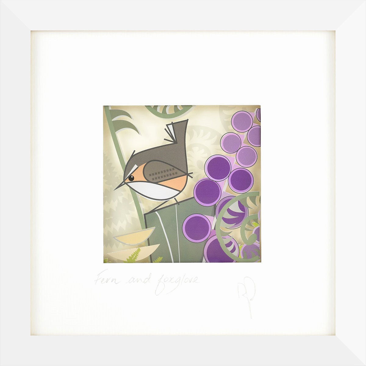 Framed artwork of a bird and grapes on a light background