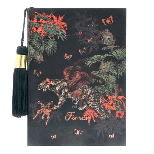 Decorative notebook with leopard and floral design on a black background