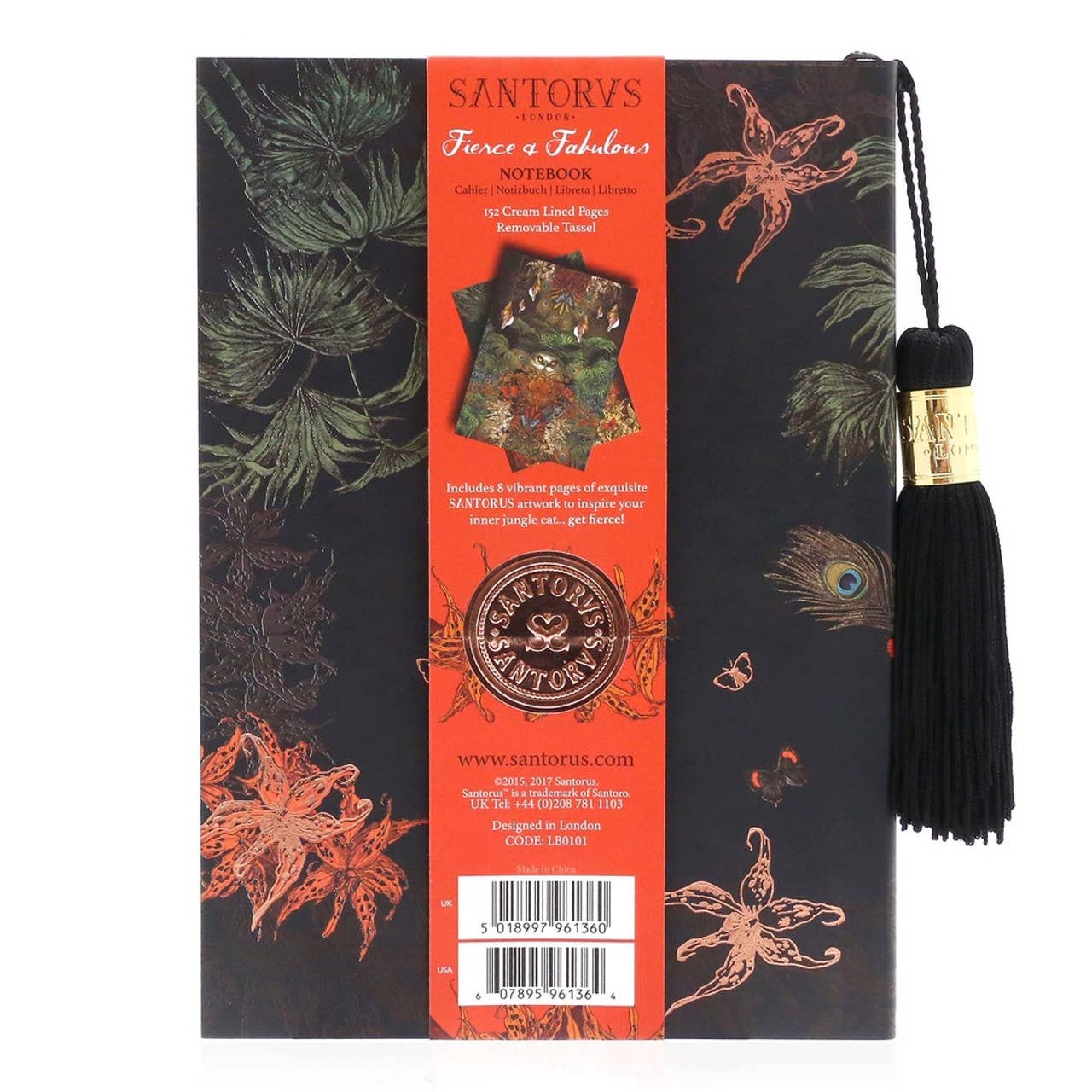 Santoros notebook with decorative cover and tassel on a white background