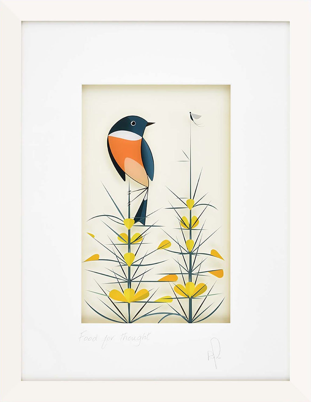 Framed artwork of a colorful bird on a branch with yellow flowers.