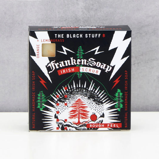 Box of Franken Soap Irish Scrub with black and white design on a gray background