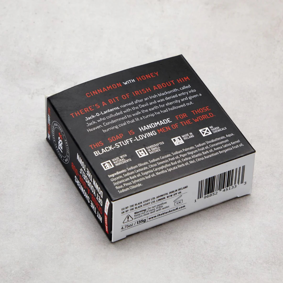 Back view of a soap packaging box with text on a light gray background